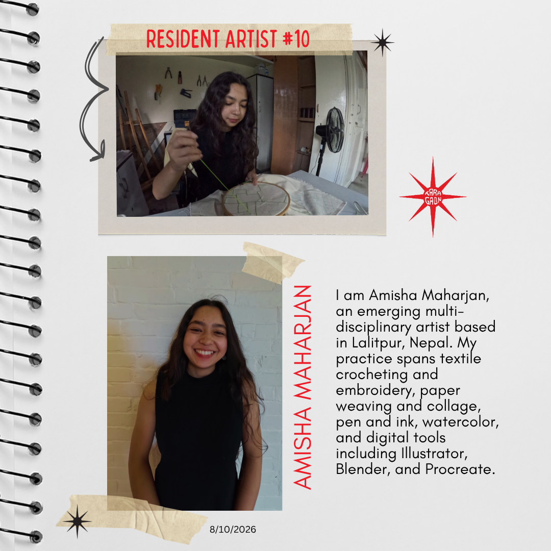 I am Amisha Maharjan, an emerging multi-disciplinary artist based in Lalitpur, Nepal. My practice spans textile crocheting and embroidery, paper weaving and collage, pen and ink, watercolor, and digital tools including Illustrator, Blender, and Procreate.